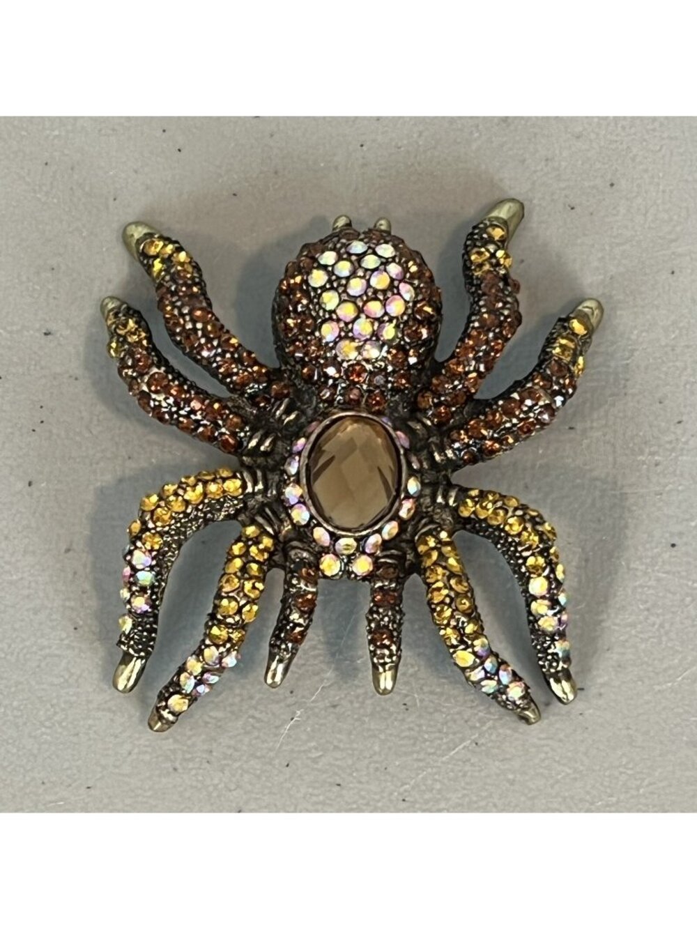 Spiderโ Rhinestone Brooch Pin Brown Gold Tone 3" Whimsigoth Halloween Gothic